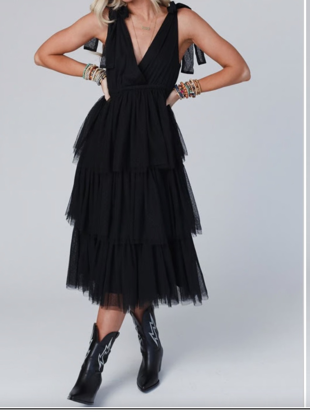 Three Bird Nest Black Tiered Tulle Midi Dress with Tie Shoulders Ballerina boho
